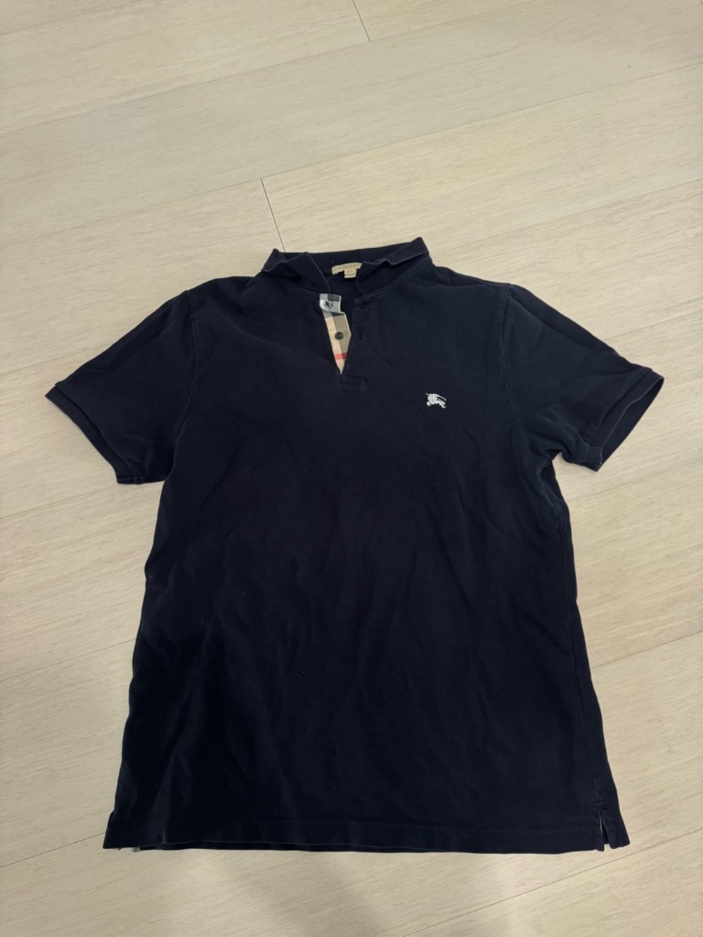Burberry Men’s Navy Polo Shirt with Iconic Check Placket - Vintage XL